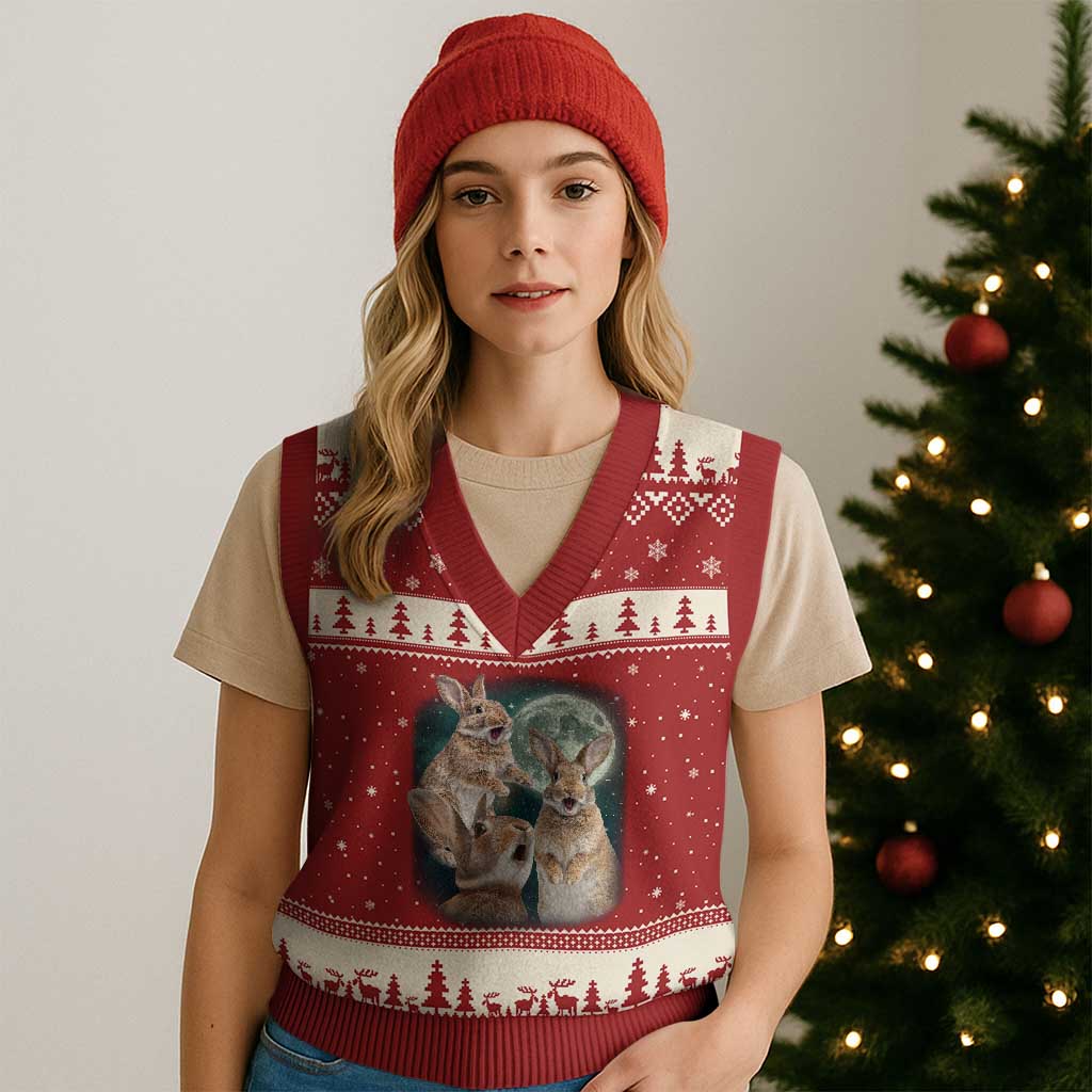 Funny Three Bunny Moon Humorous Rabbit Meme V-Neck Knit Sweater Vest