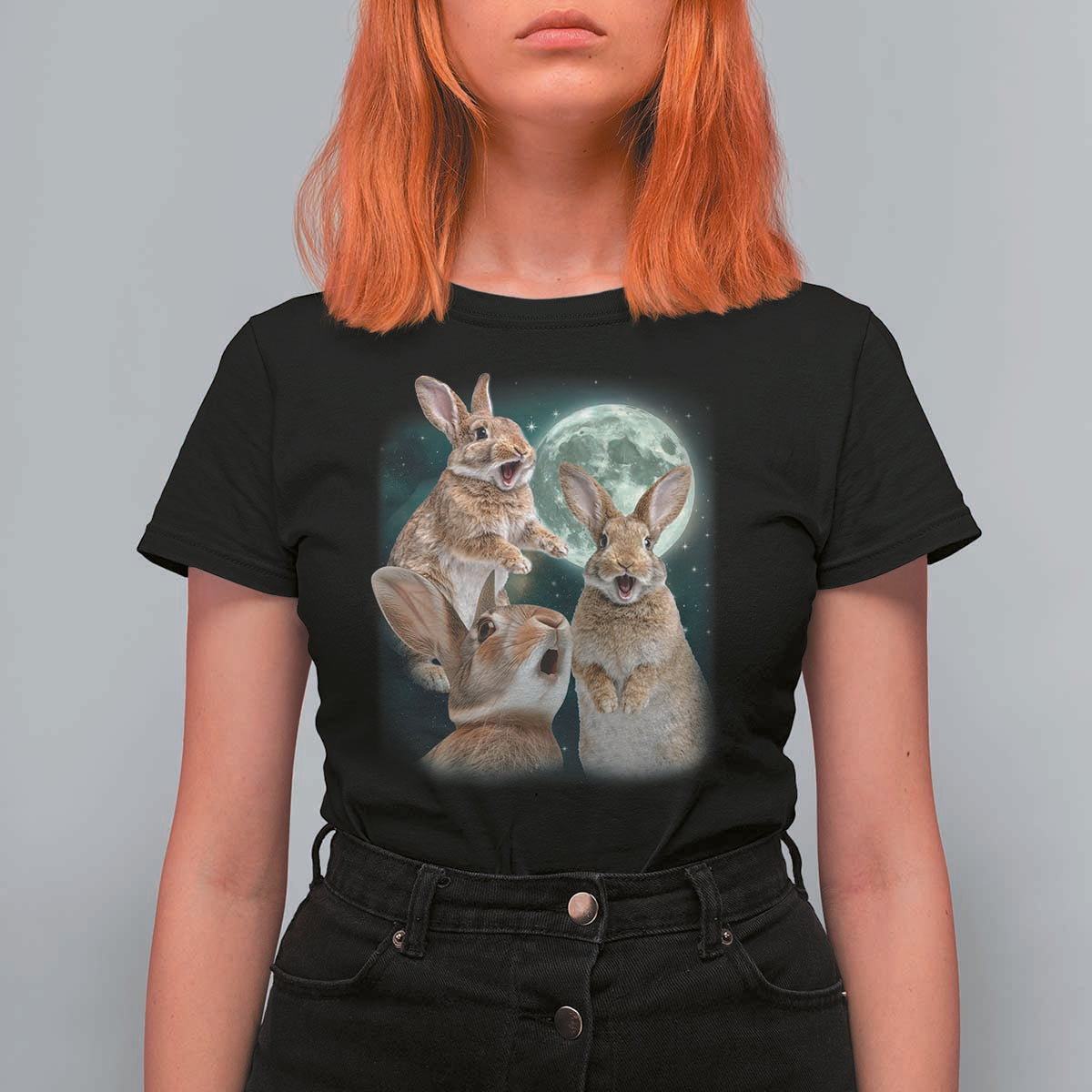 Funny Three Bunny Moon Humorous Rabbit Meme T Shirt For Women