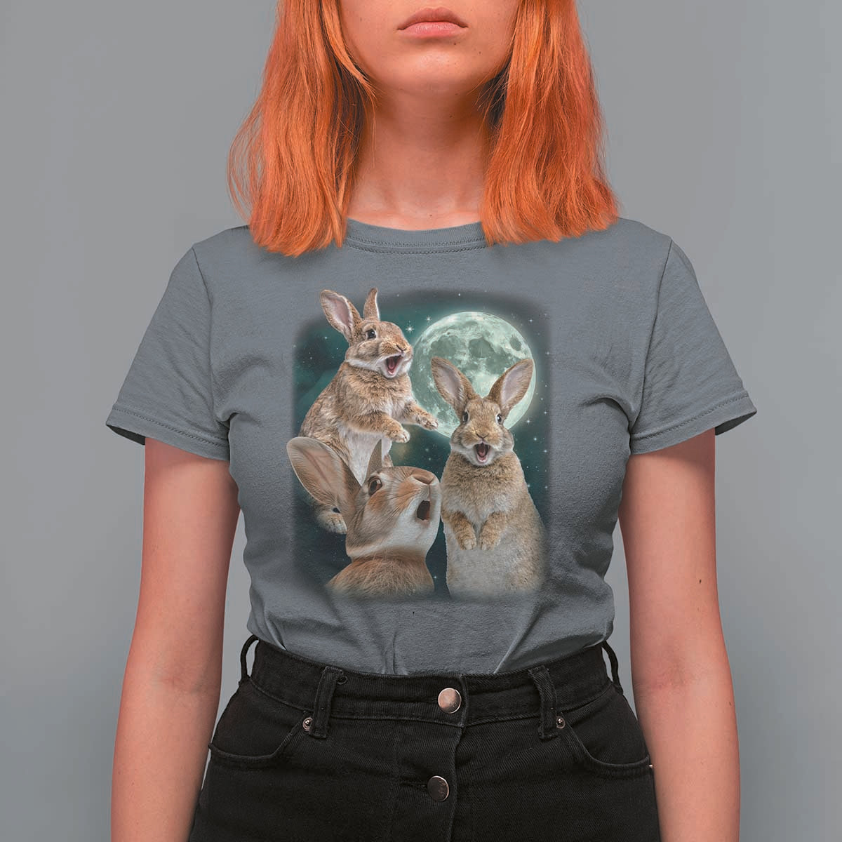 Funny Three Bunny Moon Humorous Rabbit Meme T Shirt For Women