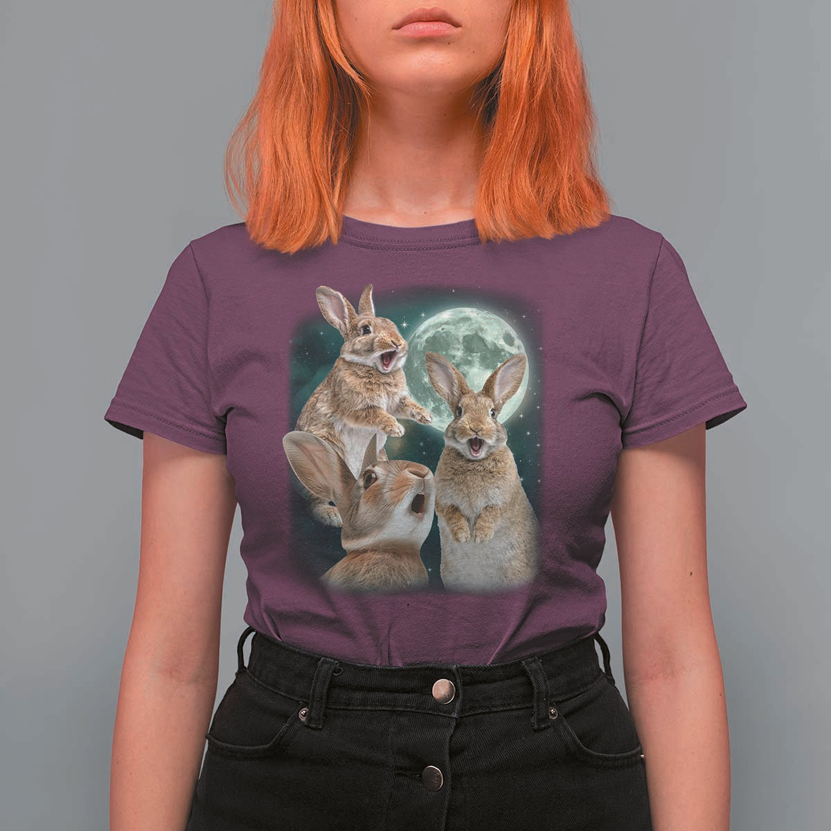 Funny Three Bunny Moon Humorous Rabbit Meme T Shirt For Women