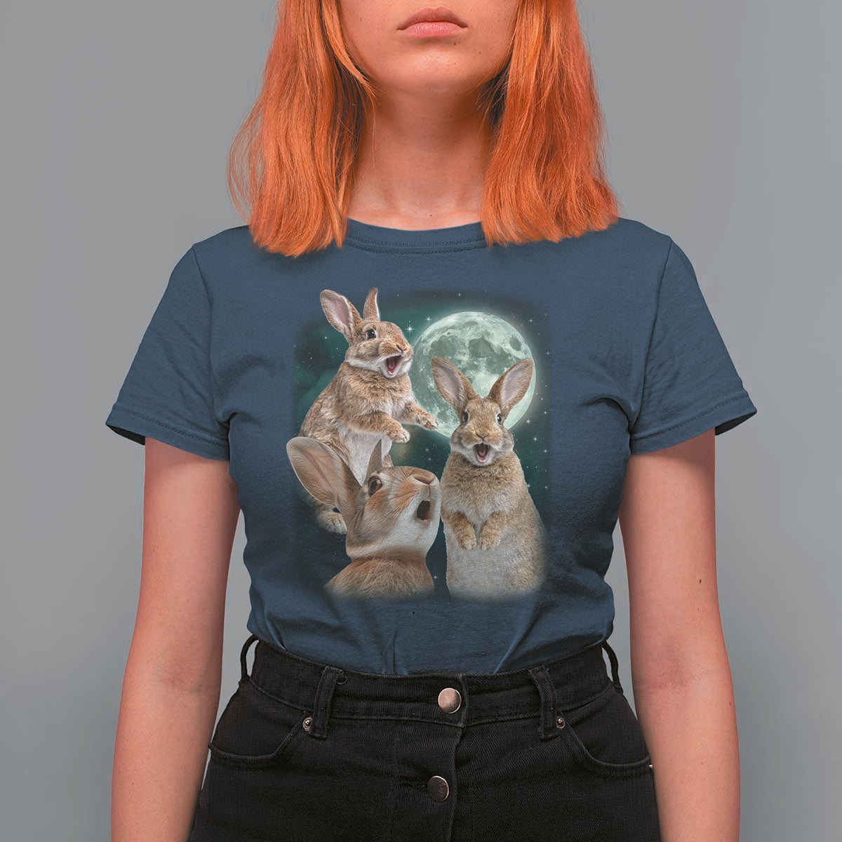 Funny Three Bunny Moon Humorous Rabbit Meme T Shirt For Women