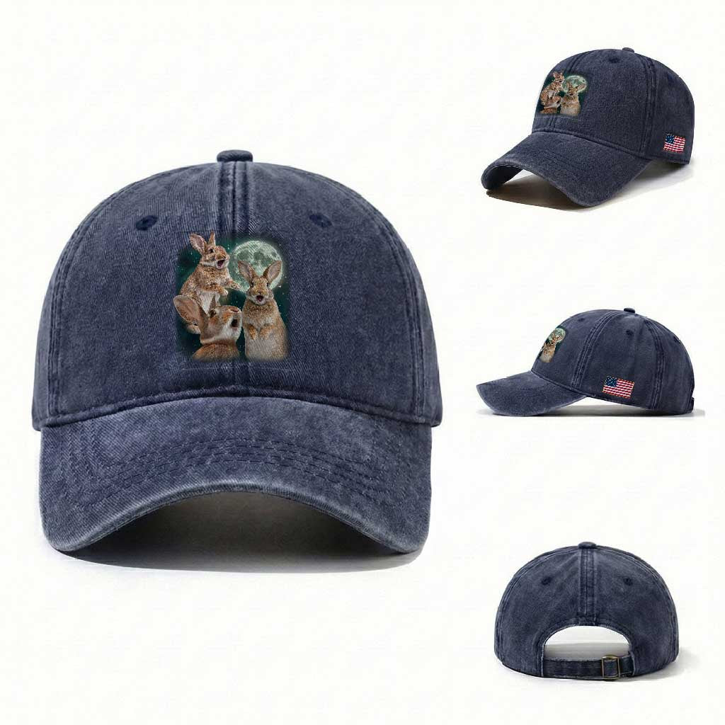 Funny Three Bunny Moon Humorous Rabbit Meme Washed Cotton Baseball Cap