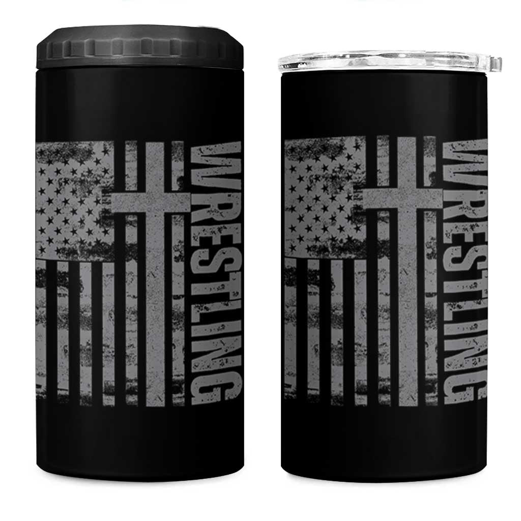 Wrestling Christian Vintage Patriotic American Flag 4 in 1 Can Cooler Tumbler