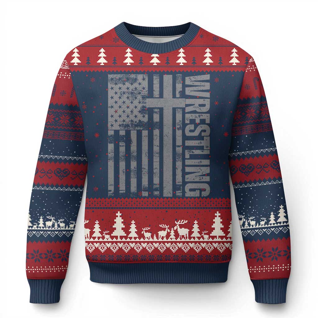 Wrestling Christian Vintage Patriotic American Flag Ugly Christmas Sweater