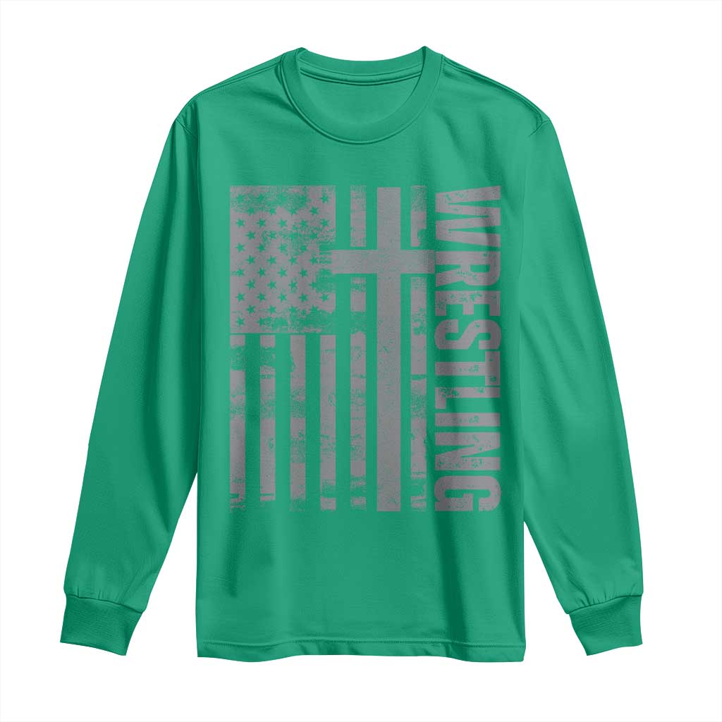 Wrestling Christian Vintage Patriotic American Flag Long Sleeve Shirt