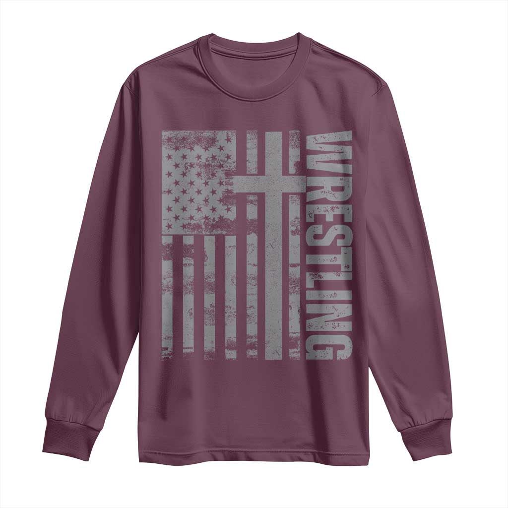 Wrestling Christian Vintage Patriotic American Flag Long Sleeve Shirt
