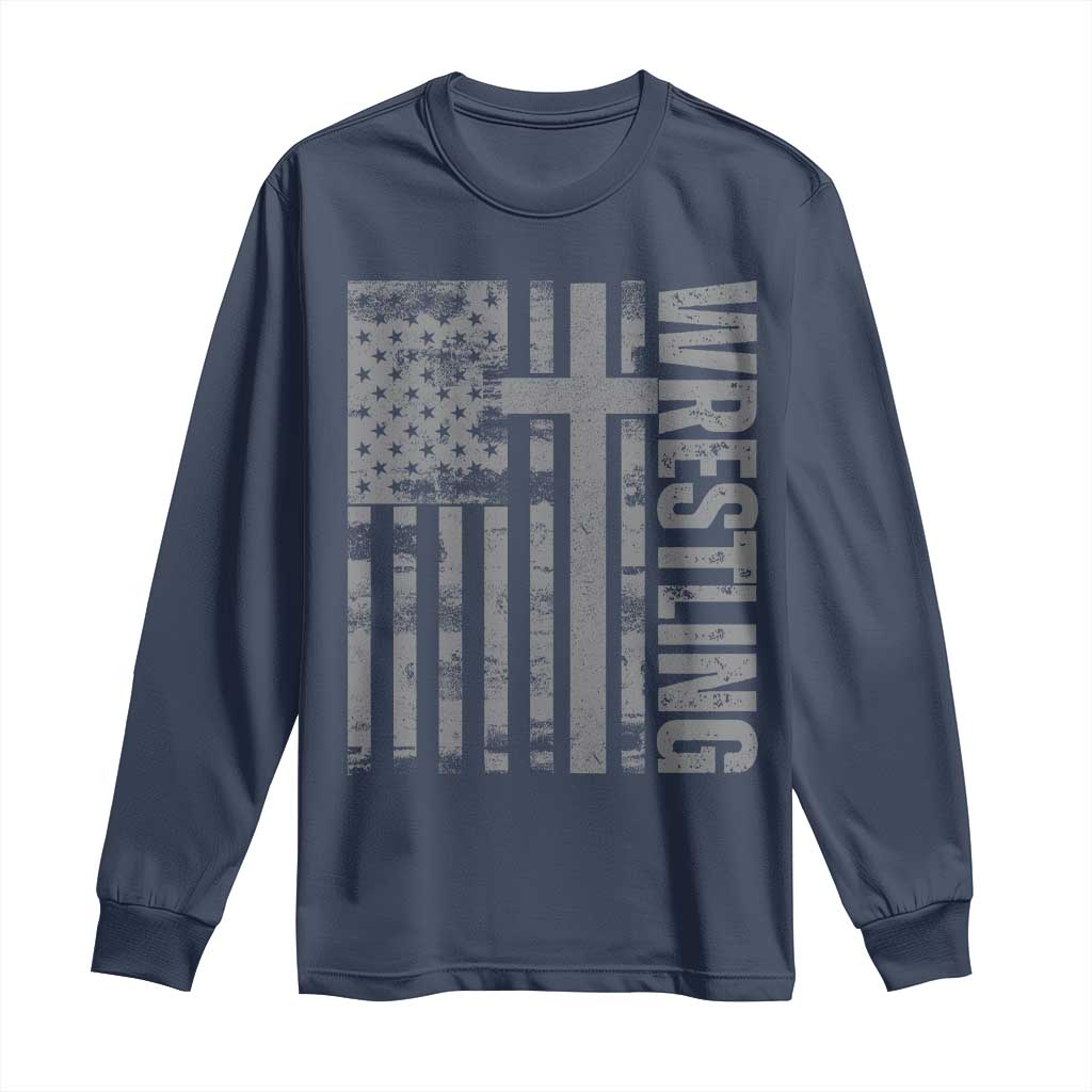 Wrestling Christian Vintage Patriotic American Flag Long Sleeve Shirt