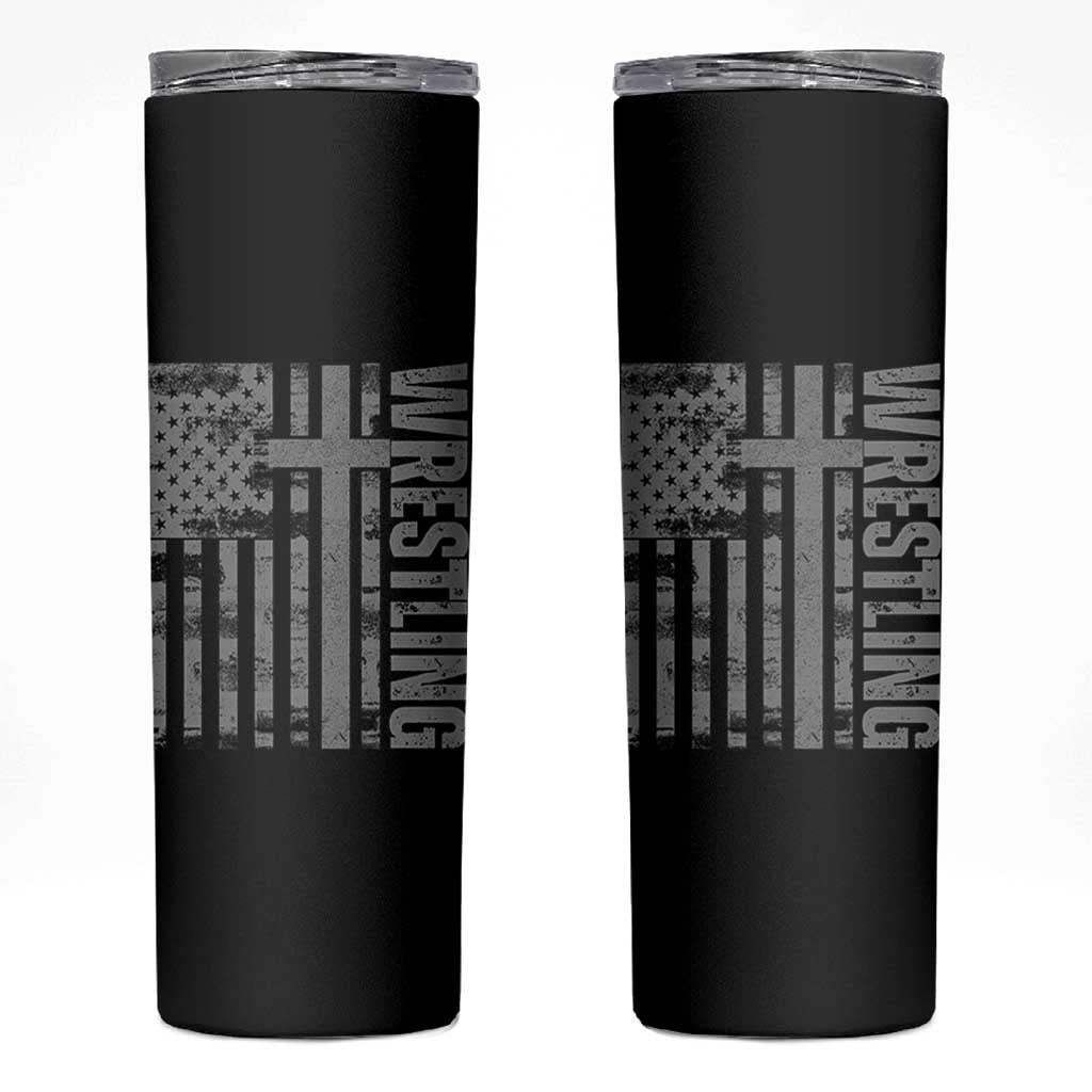 Wrestling Christian Vintage Patriotic American Flag Skinny Tumbler