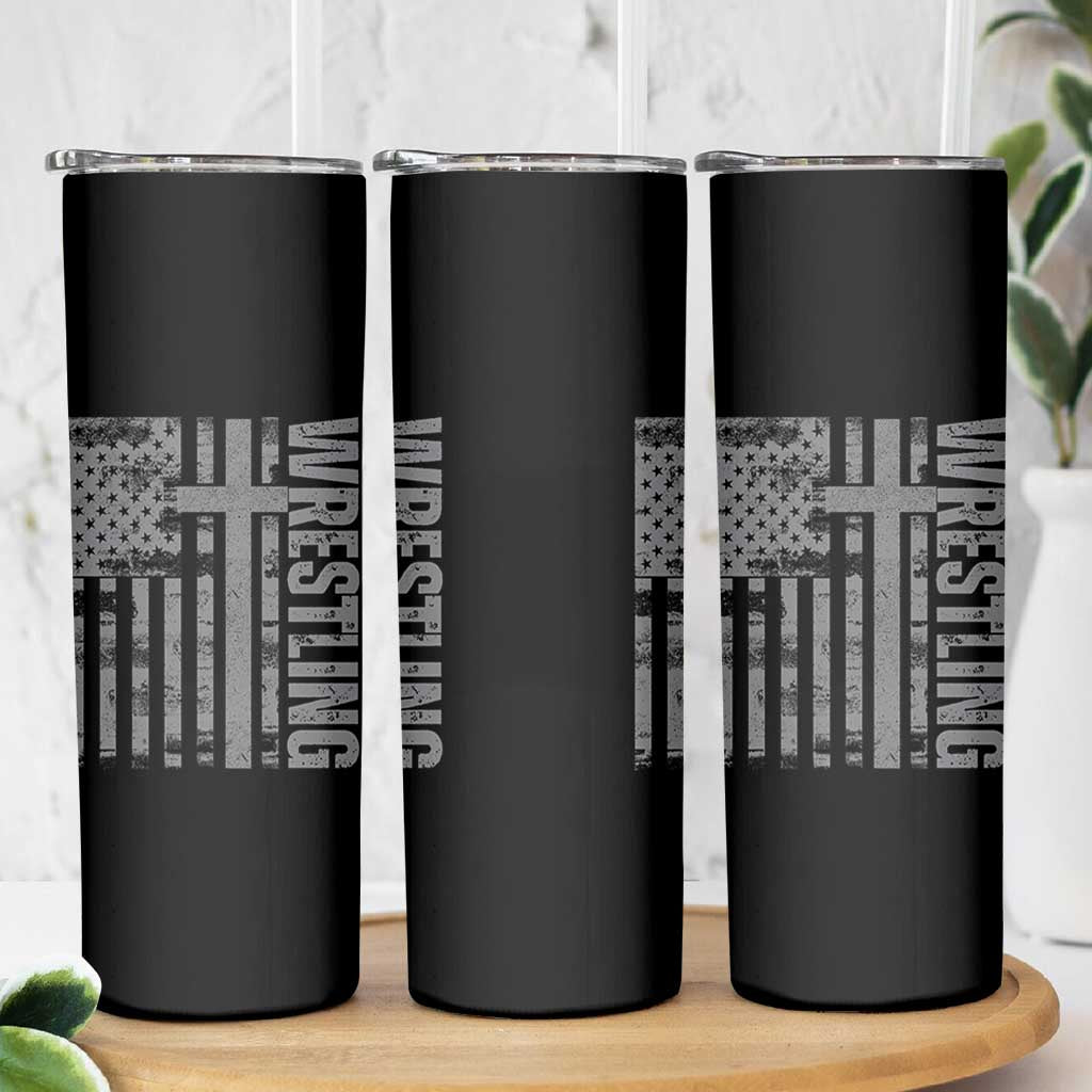 Wrestling Christian Vintage Patriotic American Flag Skinny Tumbler