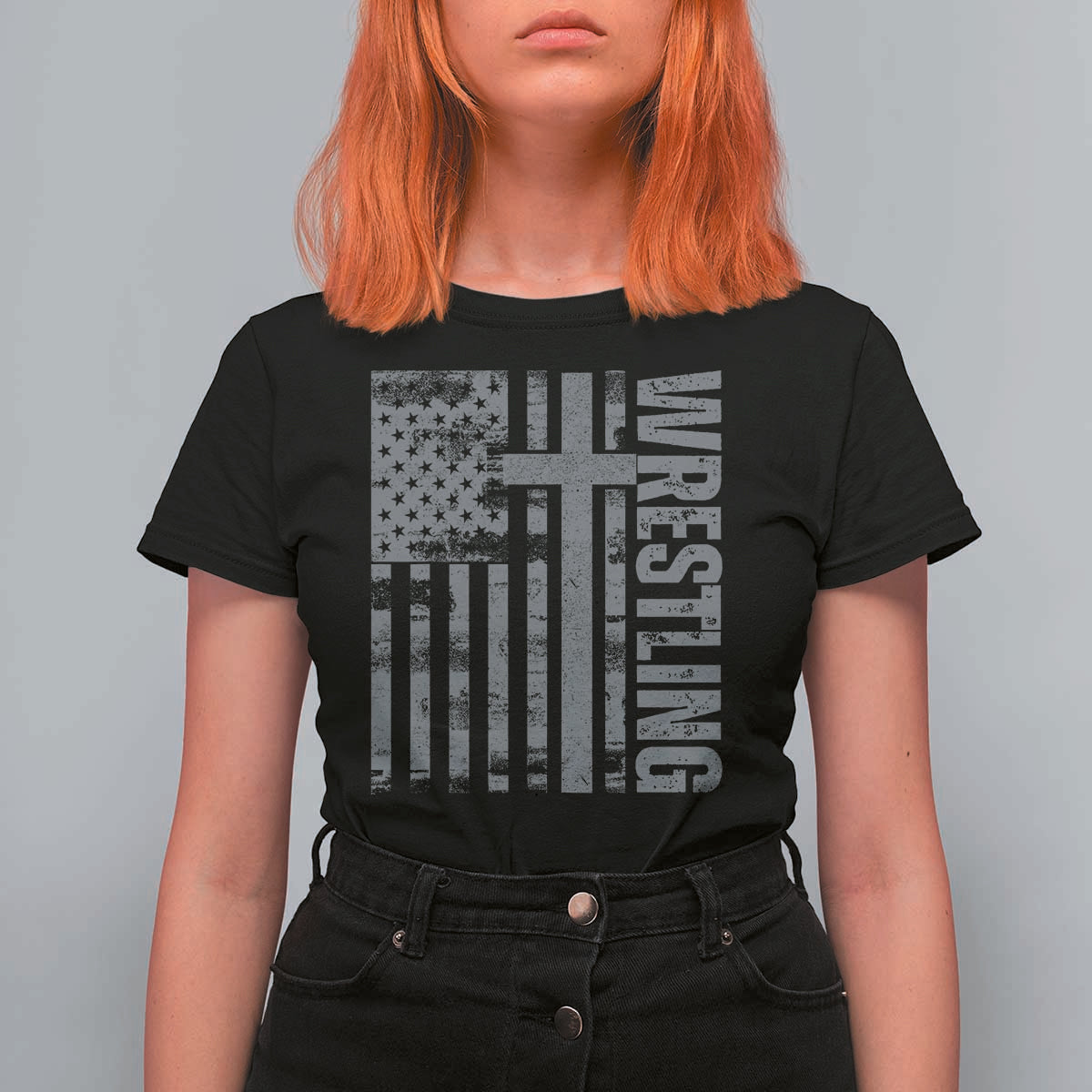 Wrestling Christian Vintage Patriotic American Flag T Shirt For Women