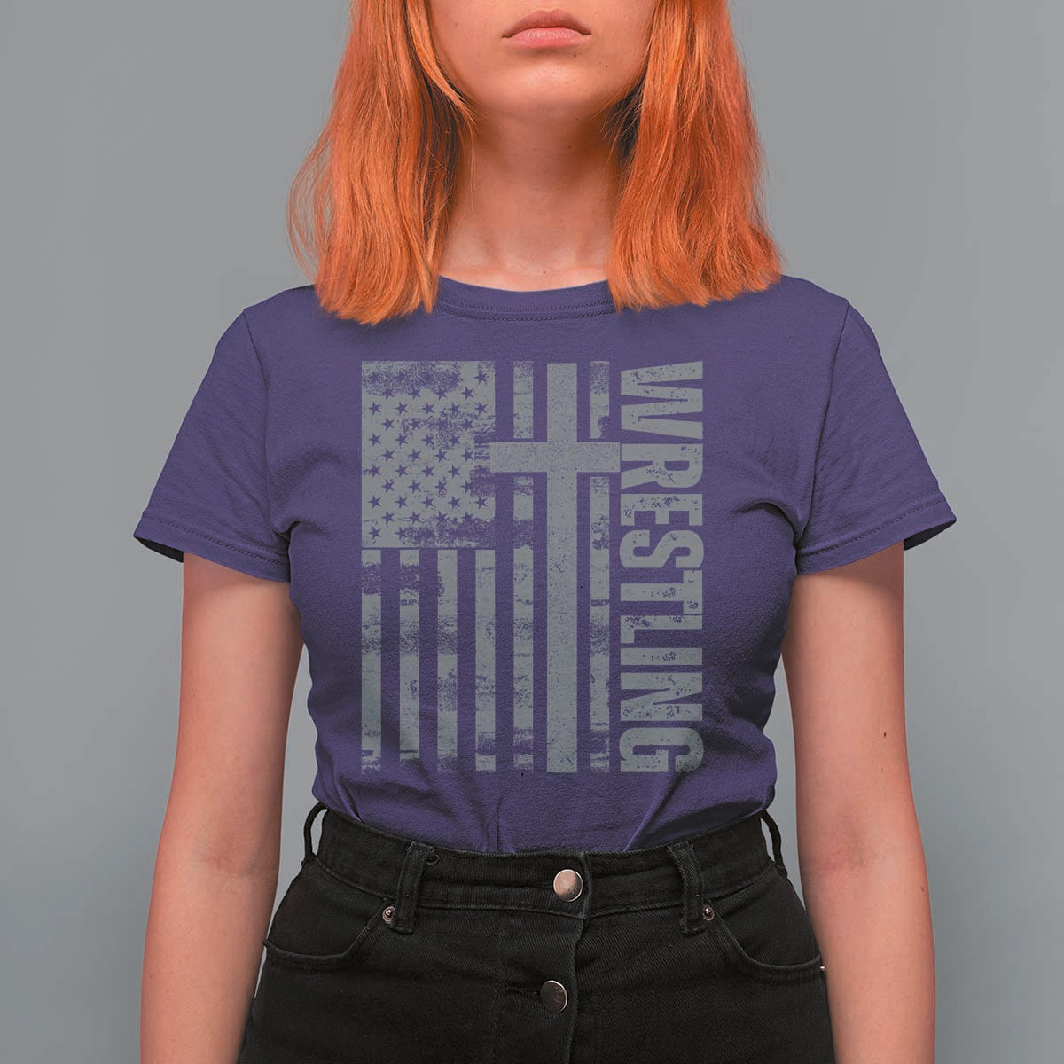 Wrestling Christian Vintage Patriotic American Flag T Shirt For Women