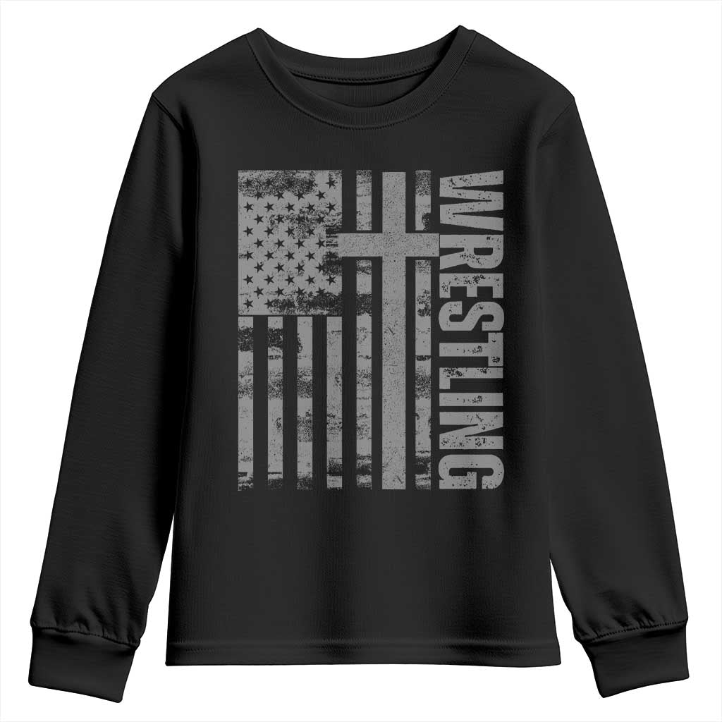 Wrestling Christian Vintage Patriotic American Flag Youth Sweatshirt