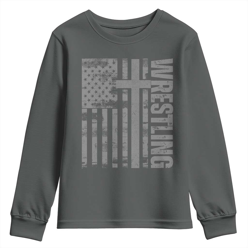 Wrestling Christian Vintage Patriotic American Flag Youth Sweatshirt