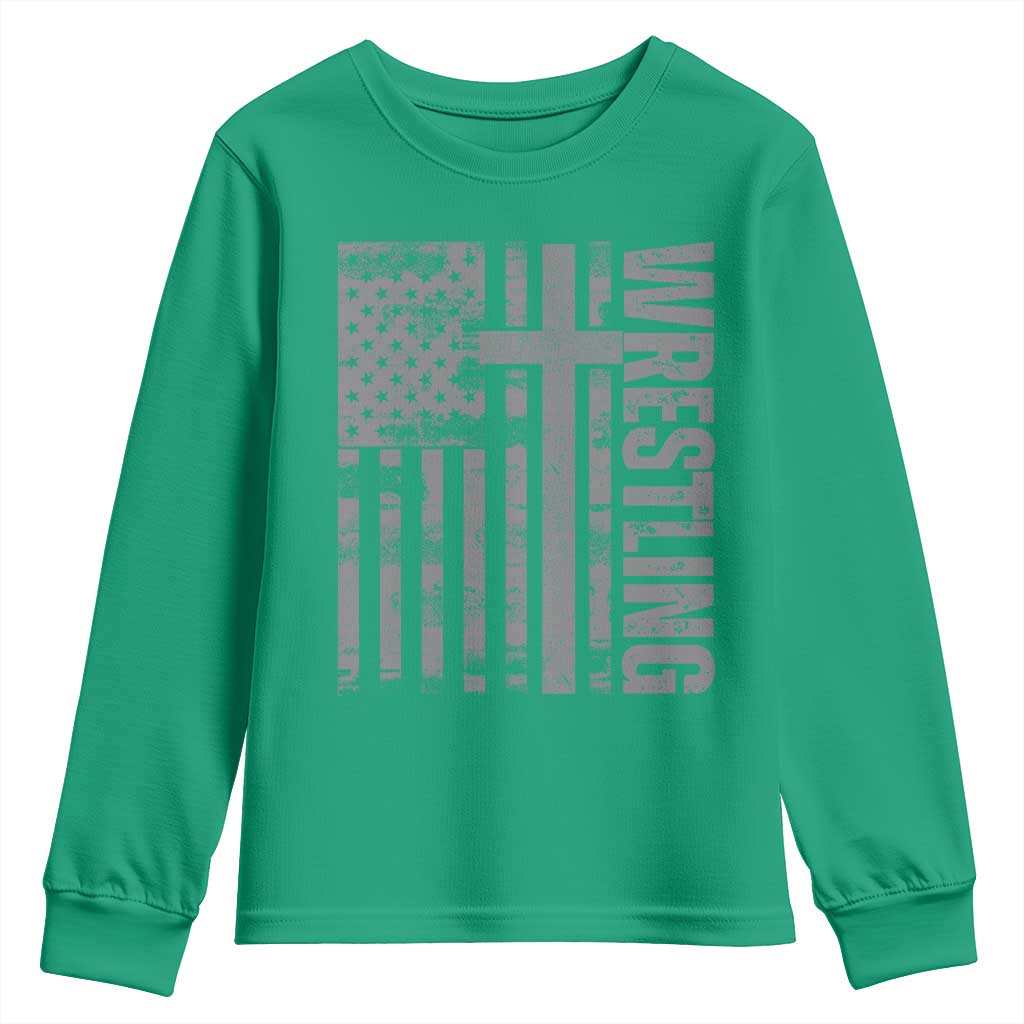 Wrestling Christian Vintage Patriotic American Flag Youth Sweatshirt