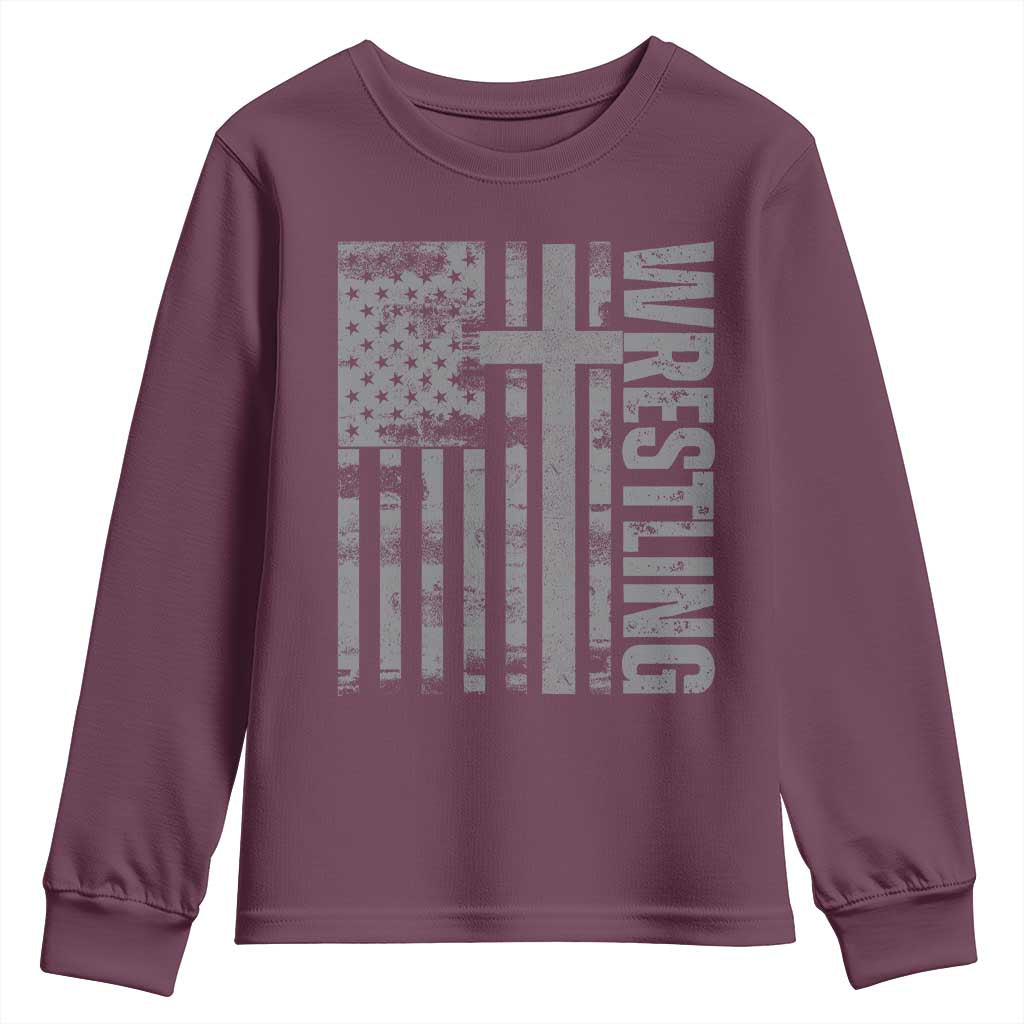 Wrestling Christian Vintage Patriotic American Flag Youth Sweatshirt