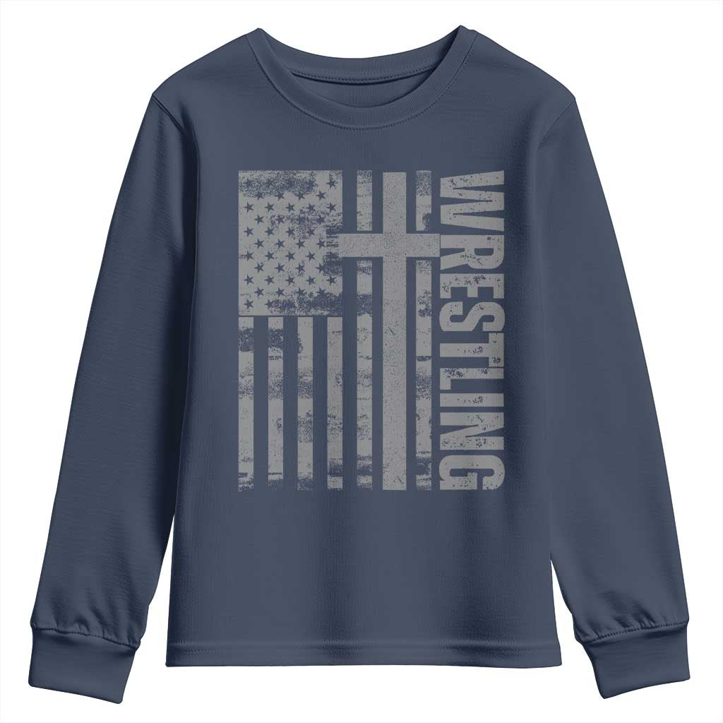 Wrestling Christian Vintage Patriotic American Flag Youth Sweatshirt