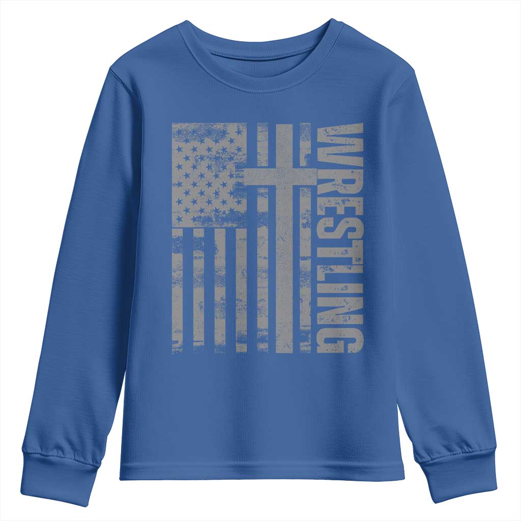 Wrestling Christian Vintage Patriotic American Flag Youth Sweatshirt