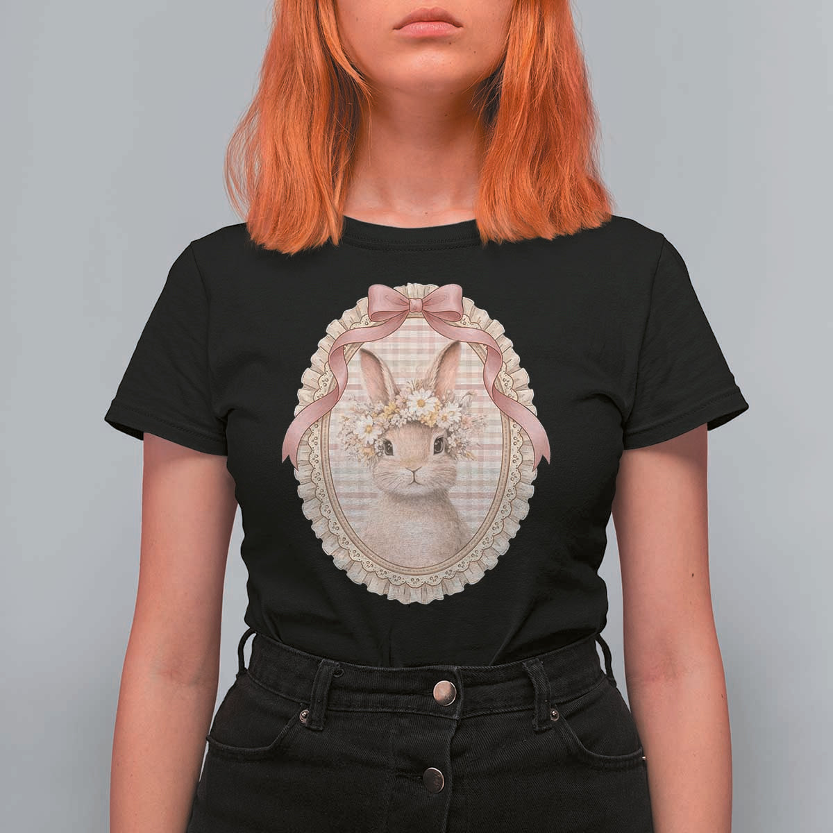 Floral Coquette Easter Bunny Vintage Thrifted Grandma Core T Shirt For Women