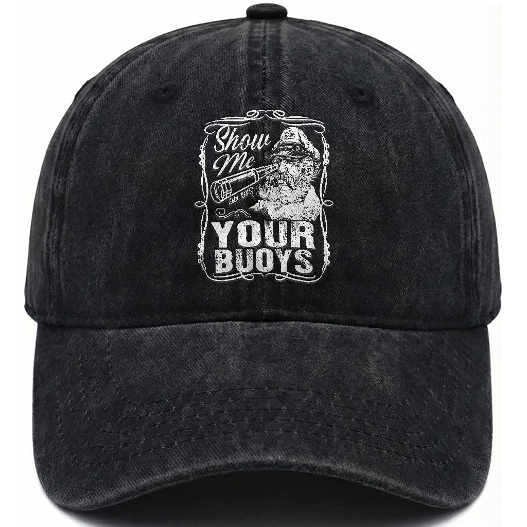 Show Me Your Bouys Washed Cotton Baseball Cap Funny Pontoon Boat Captain