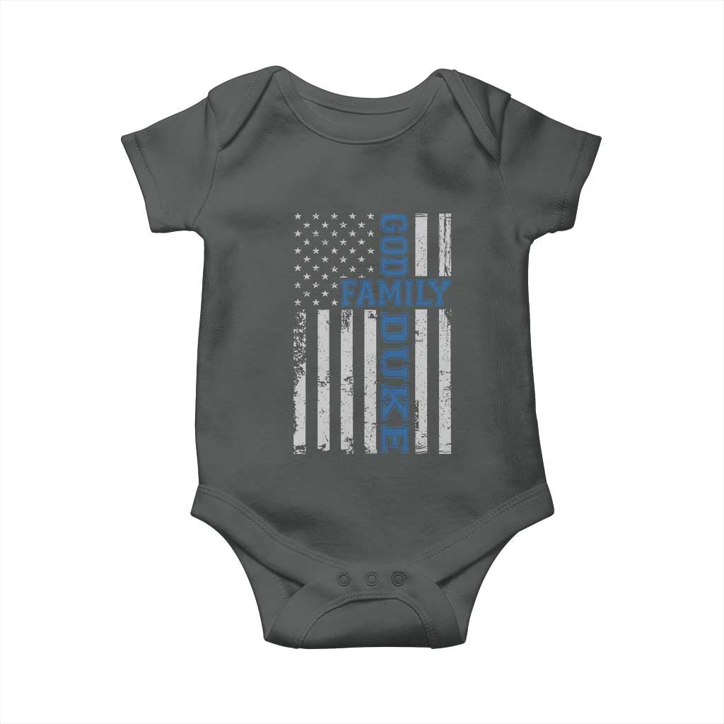 God Family Duke Baby Onesie Blue Game Day Vintage American Flag