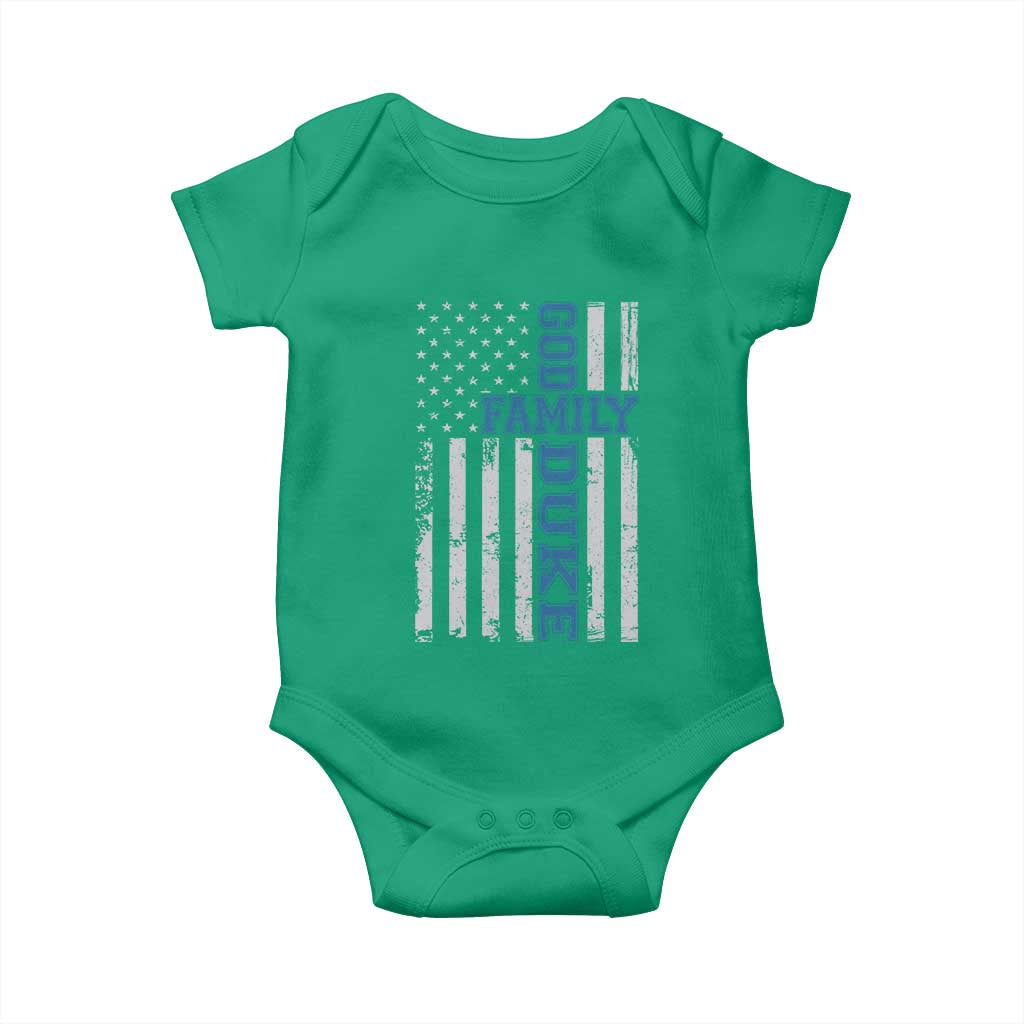 God Family Duke Baby Onesie Blue Game Day Vintage American Flag