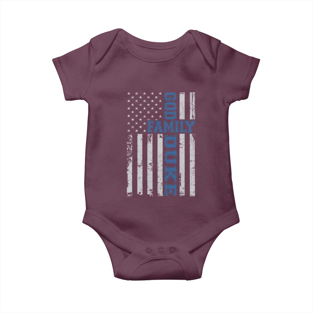 God Family Duke Baby Onesie Blue Game Day Vintage American Flag