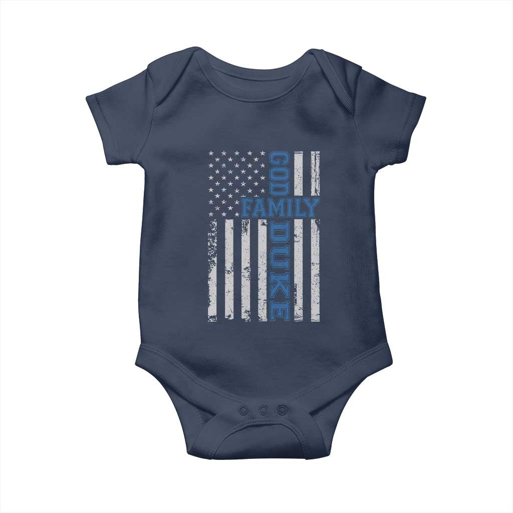 God Family Duke Baby Onesie Blue Game Day Vintage American Flag