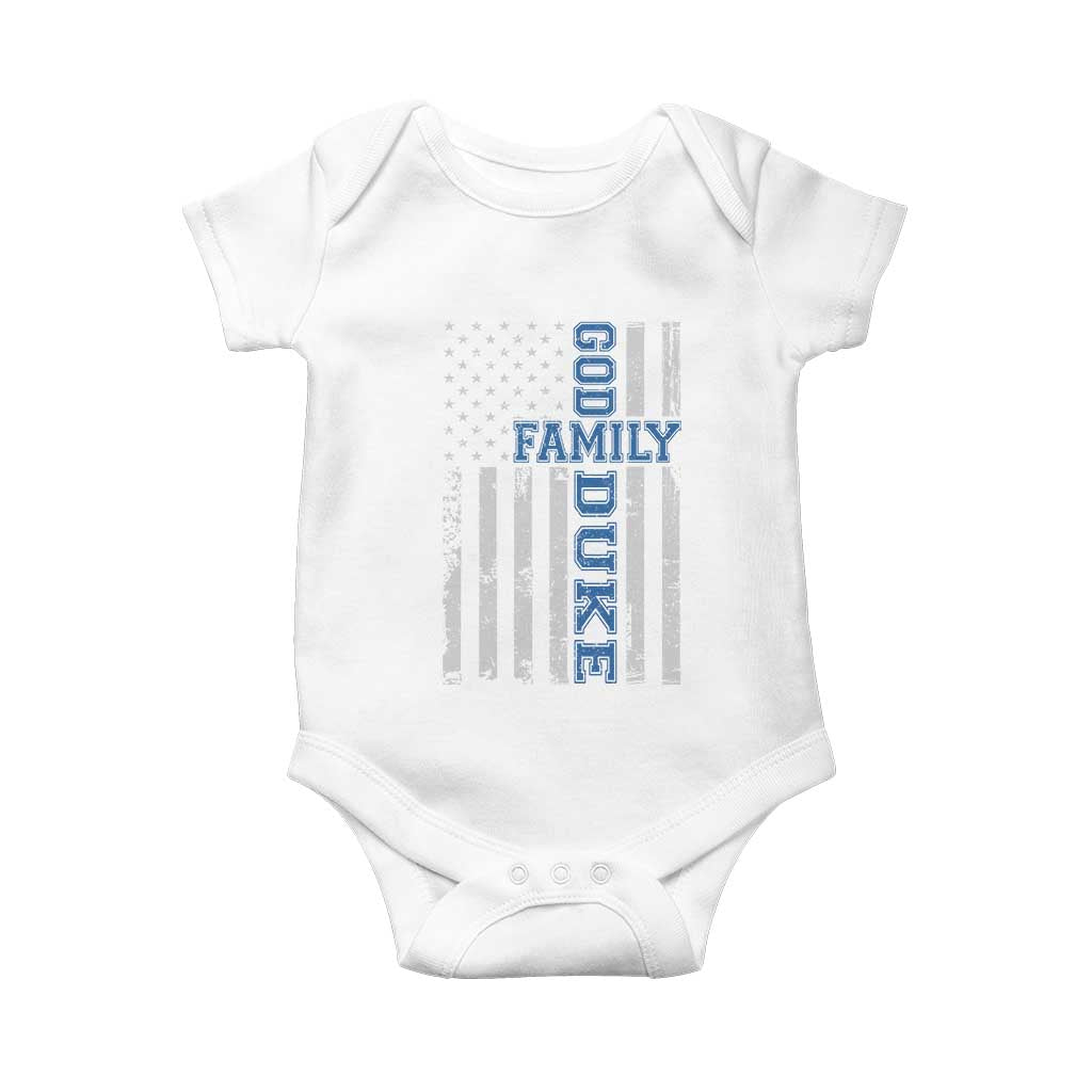 God Family Duke Baby Onesie Blue Game Day Vintage American Flag