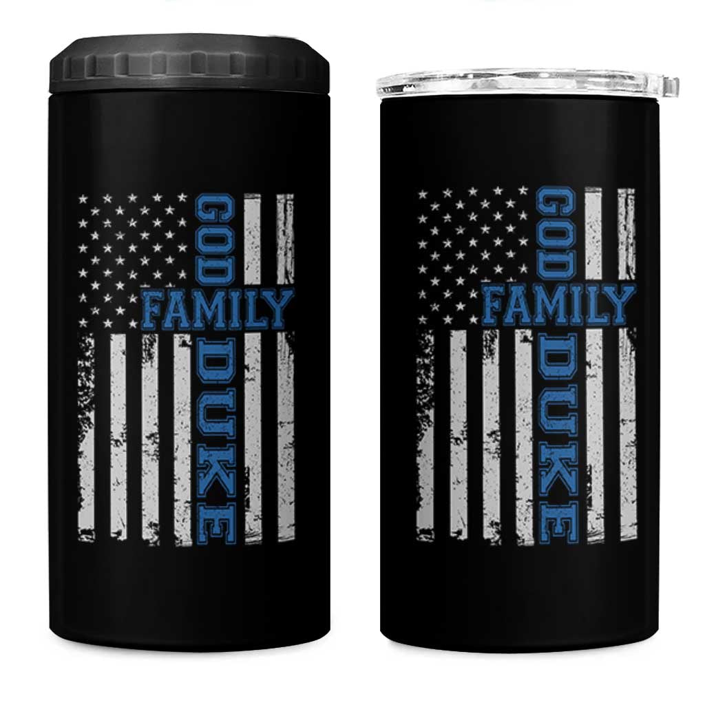 God Family Duke 4 in 1 Can Cooler Tumbler Blue Game Day Vintage American Flag