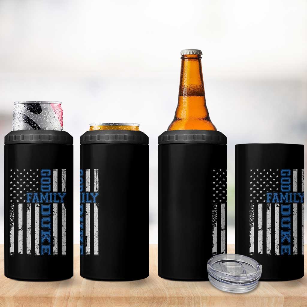 God Family Duke 4 in 1 Can Cooler Tumbler Blue Game Day Vintage American Flag