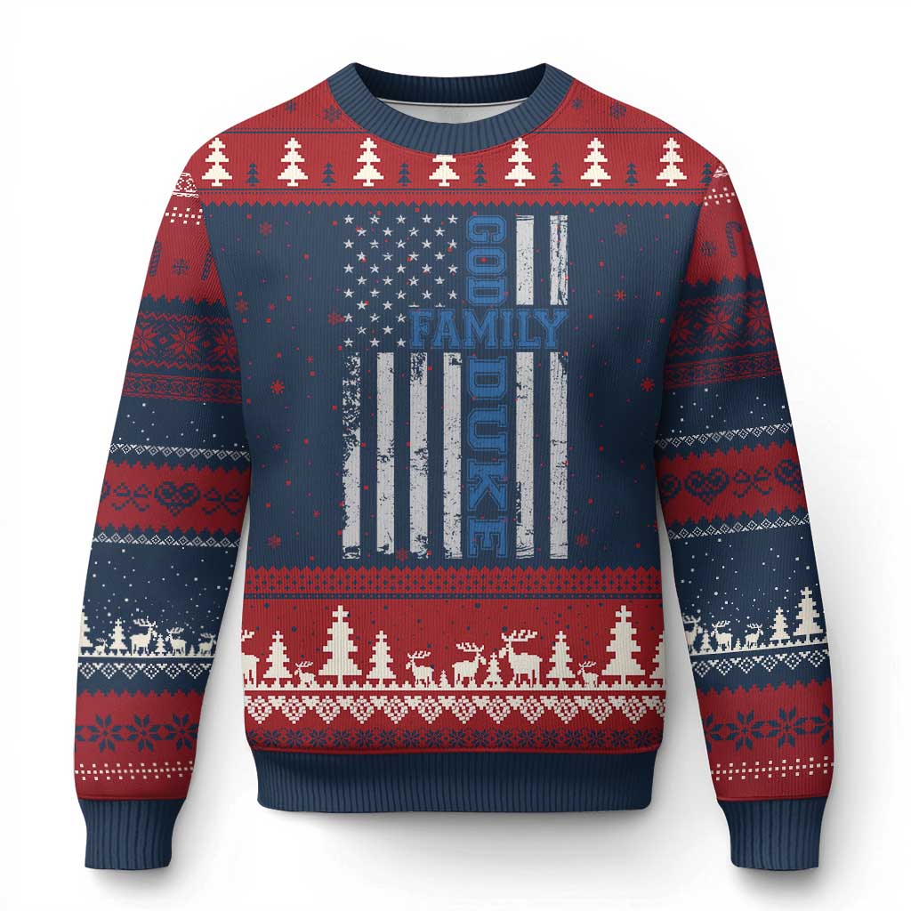 God Family Duke Ugly Christmas Sweater Blue Game Day Vintage American Flag