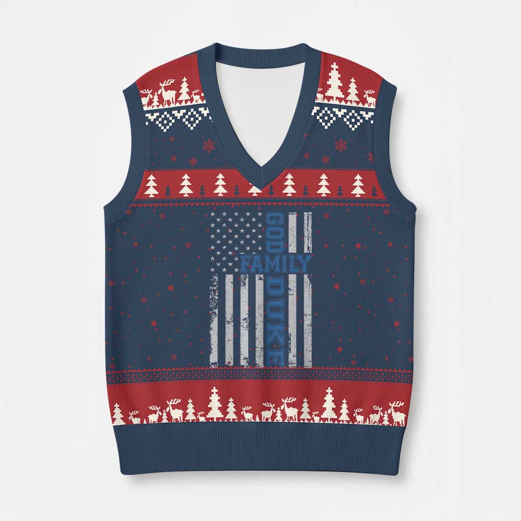 God Family Duke V-Neck Knit Sweater Vest Blue Game Day Vintage American Flag