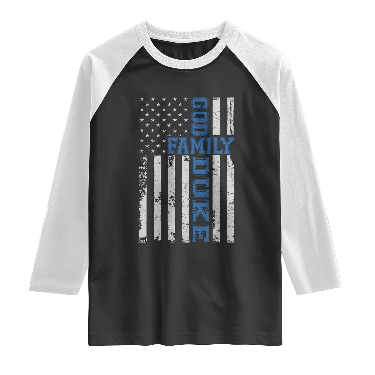 God Family Duke Raglan Shirt Blue Game Day Vintage American Flag