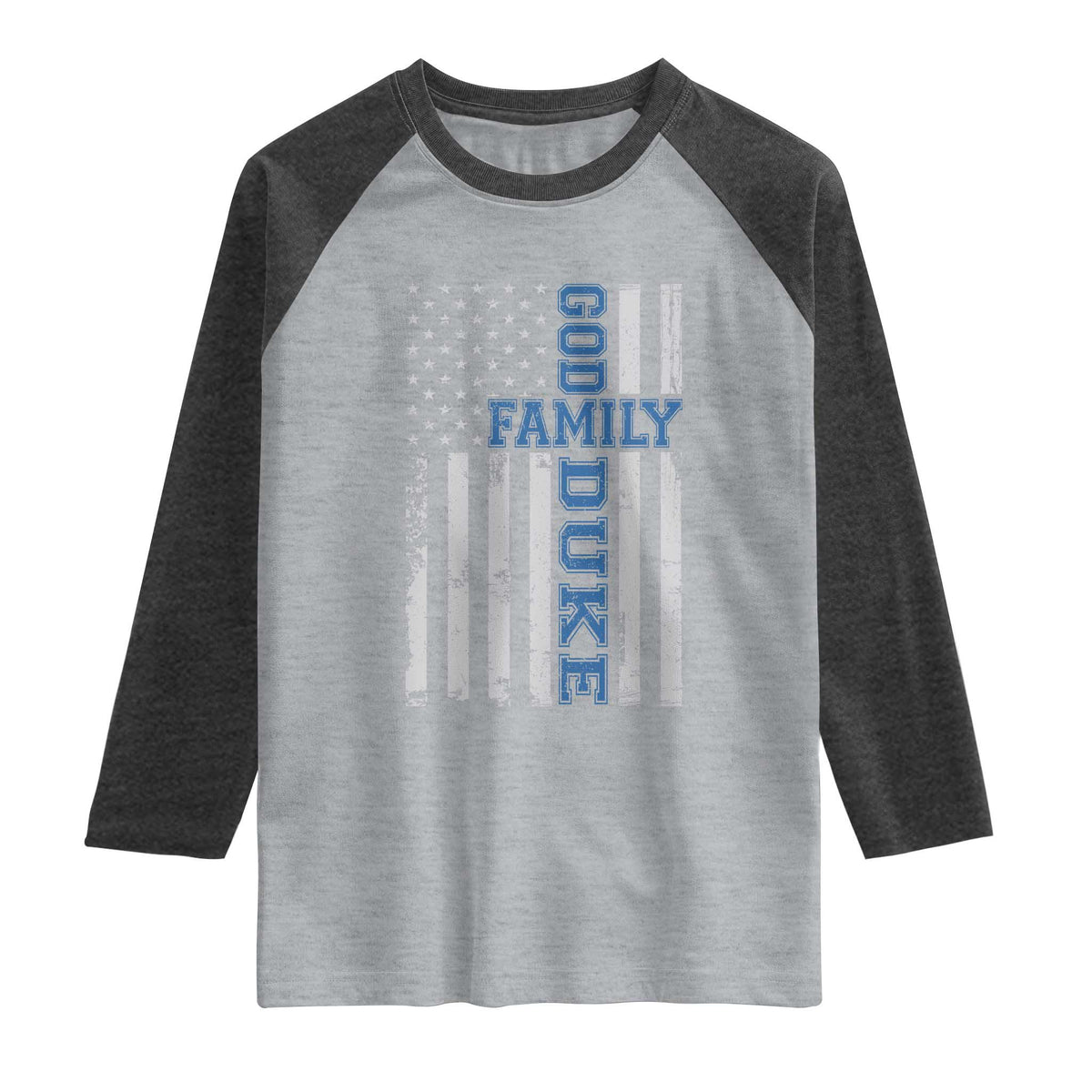 God Family Duke Raglan Shirt Blue Game Day Vintage American Flag