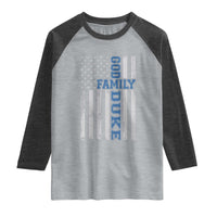 God Family Duke Raglan Shirt Blue Game Day Vintage American Flag