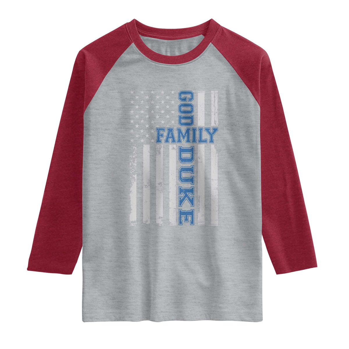 God Family Duke Raglan Shirt Blue Game Day Vintage American Flag