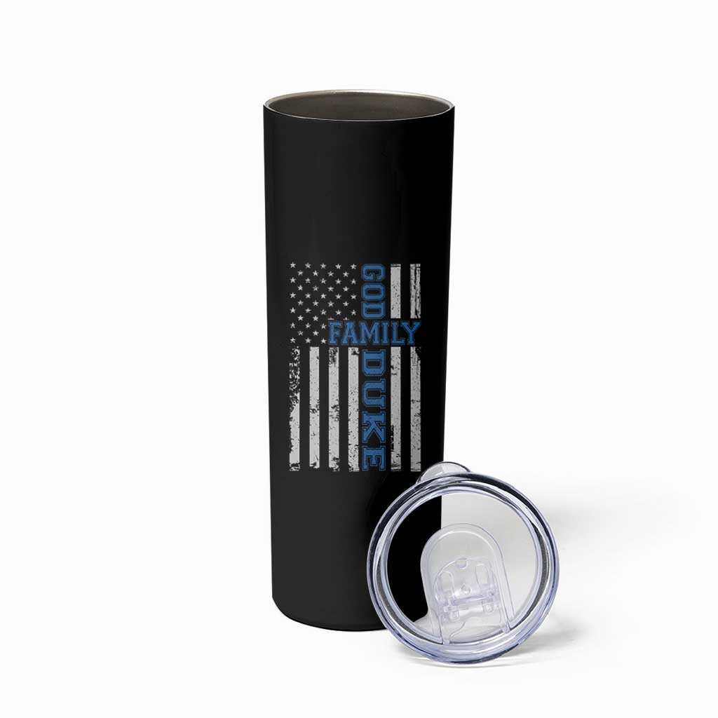 God Family Duke Skinny Tumbler Blue Game Day Vintage American Flag
