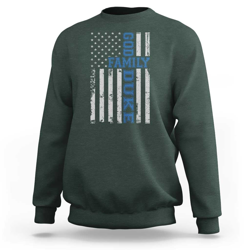God Family Duke Sweatshirt Blue Game Day Vintage American Flag