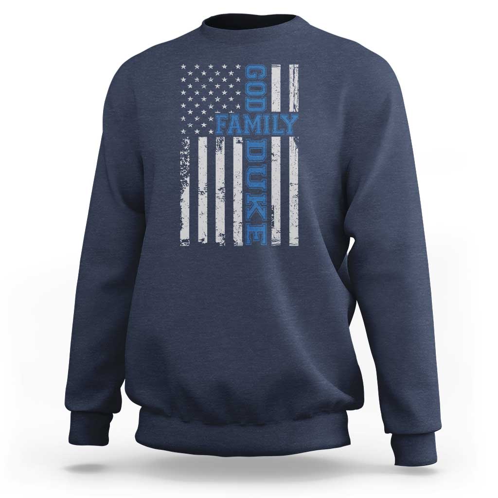 God Family Duke Sweatshirt Blue Game Day Vintage American Flag
