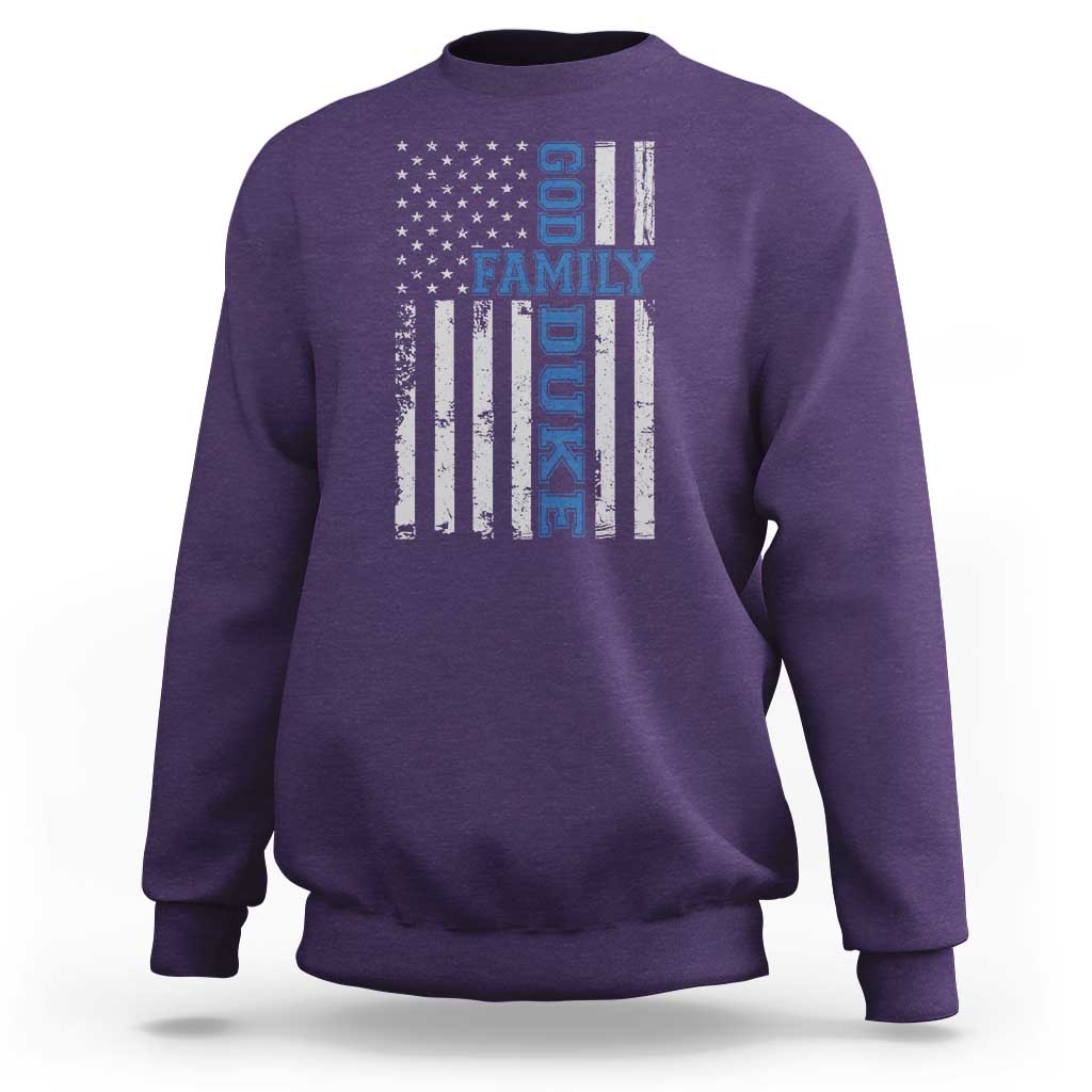 God Family Duke Sweatshirt Blue Game Day Vintage American Flag