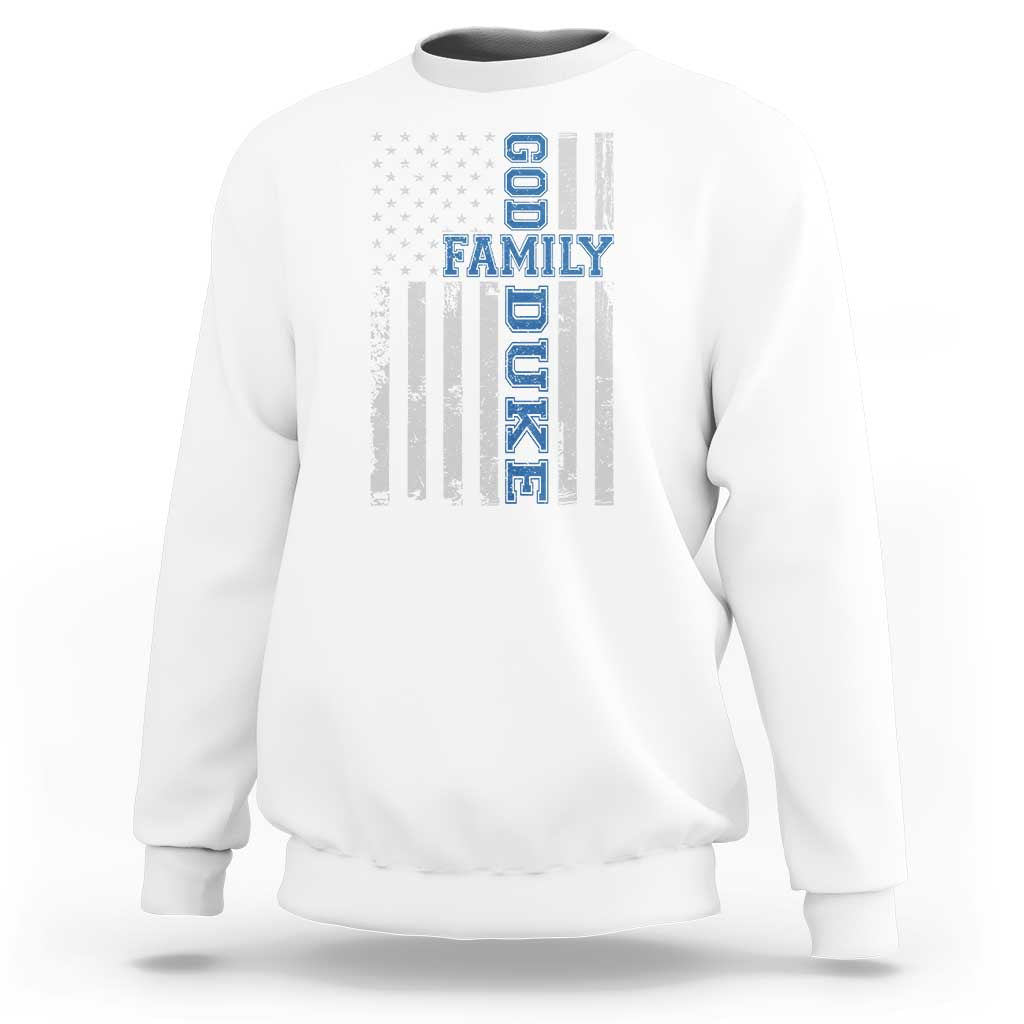 God Family Duke Sweatshirt Blue Game Day Vintage American Flag