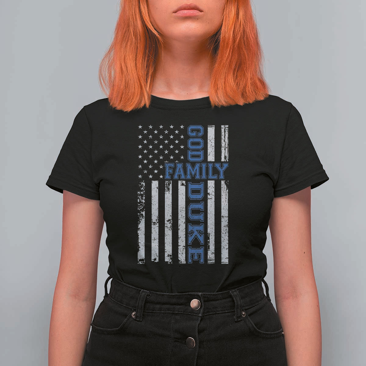 God Family Duke T Shirt For Women Blue Game Day Vintage American Flag