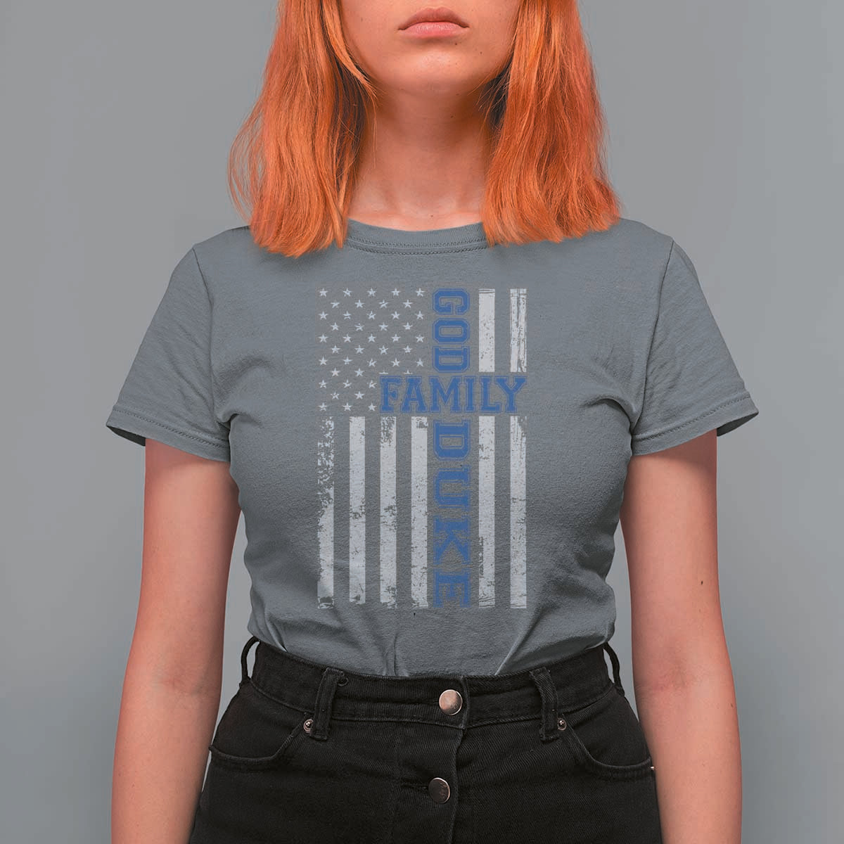 God Family Duke T Shirt For Women Blue Game Day Vintage American Flag