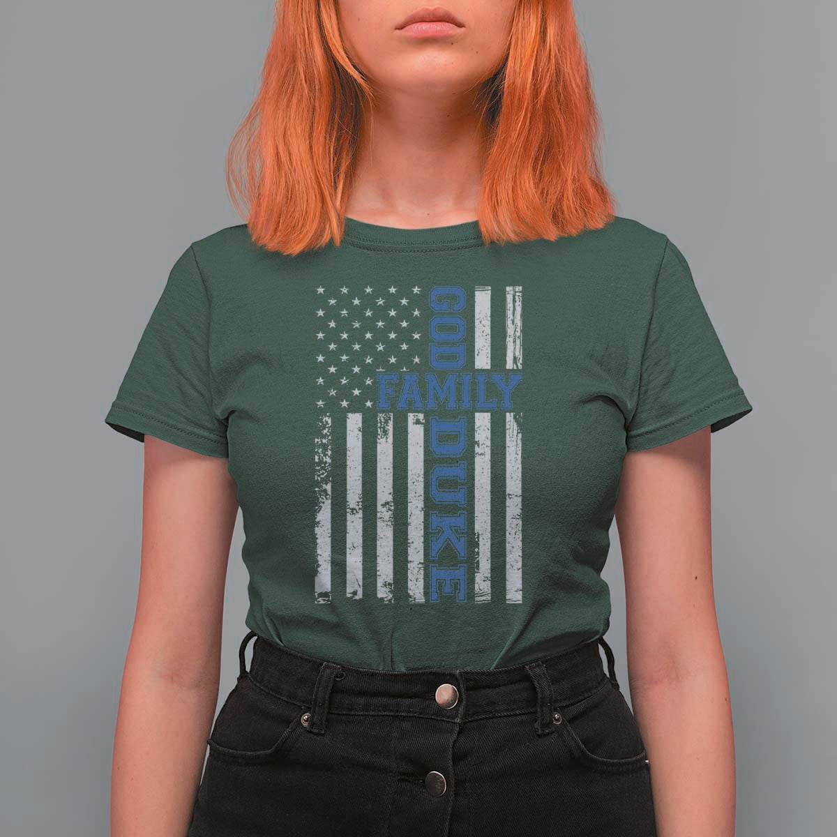 God Family Duke T Shirt For Women Blue Game Day Vintage American Flag