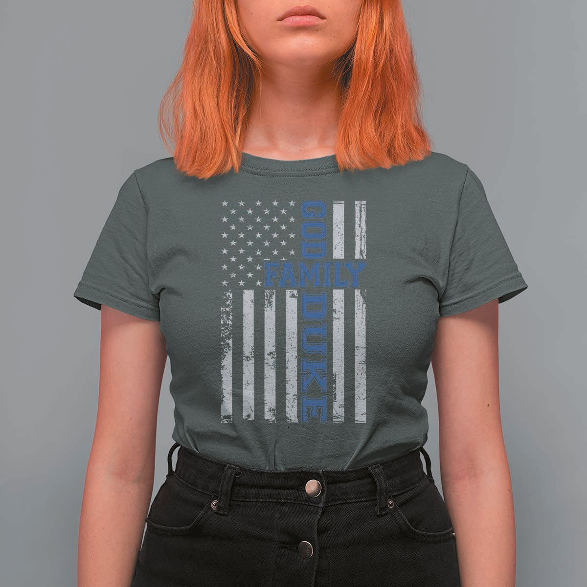 God Family Duke T Shirt For Women Blue Game Day Vintage American Flag