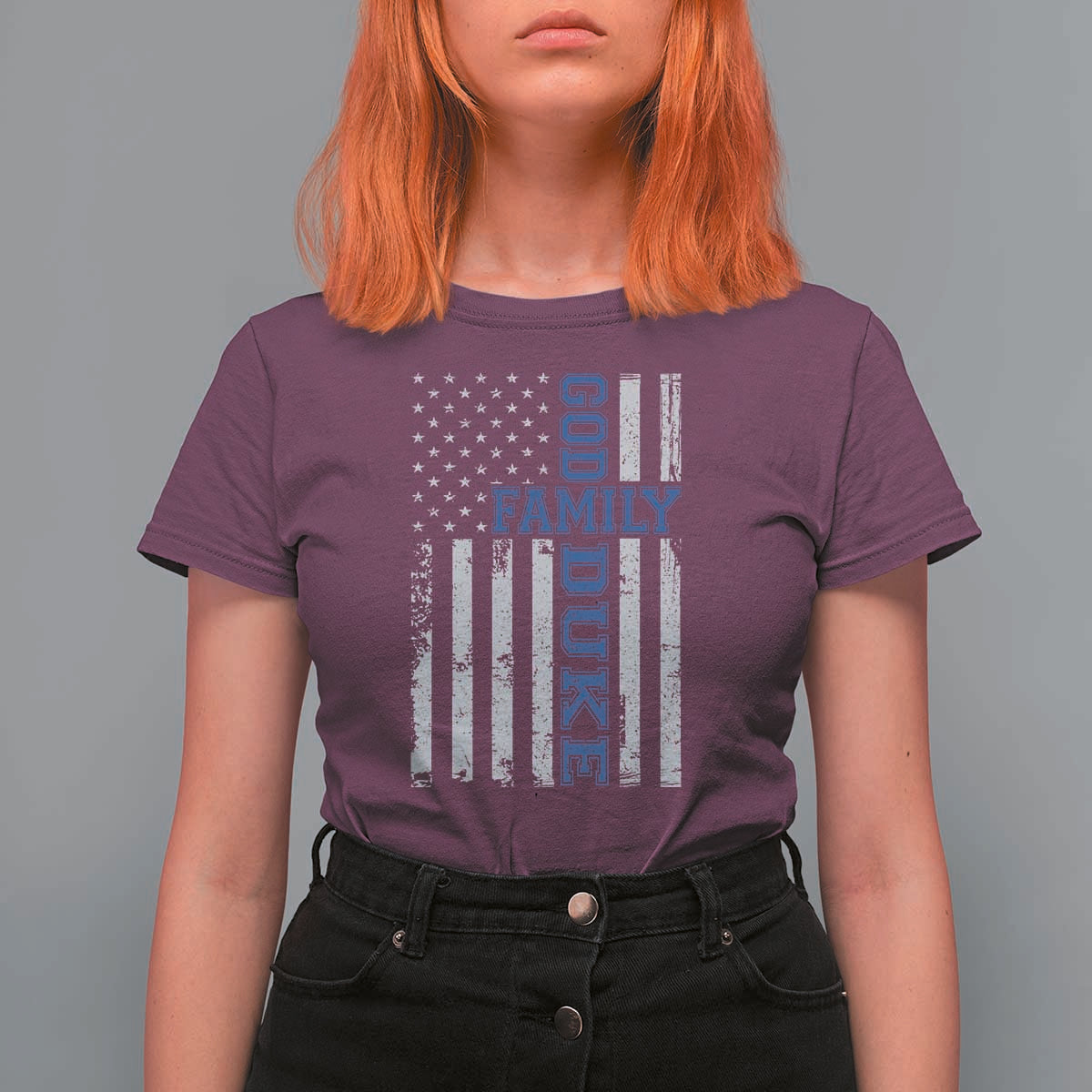 God Family Duke T Shirt For Women Blue Game Day Vintage American Flag