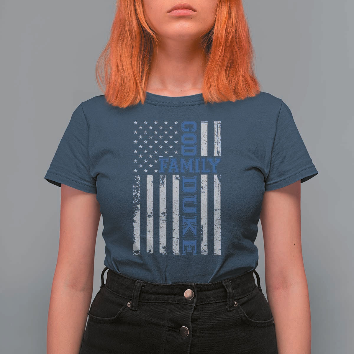 God Family Duke T Shirt For Women Blue Game Day Vintage American Flag