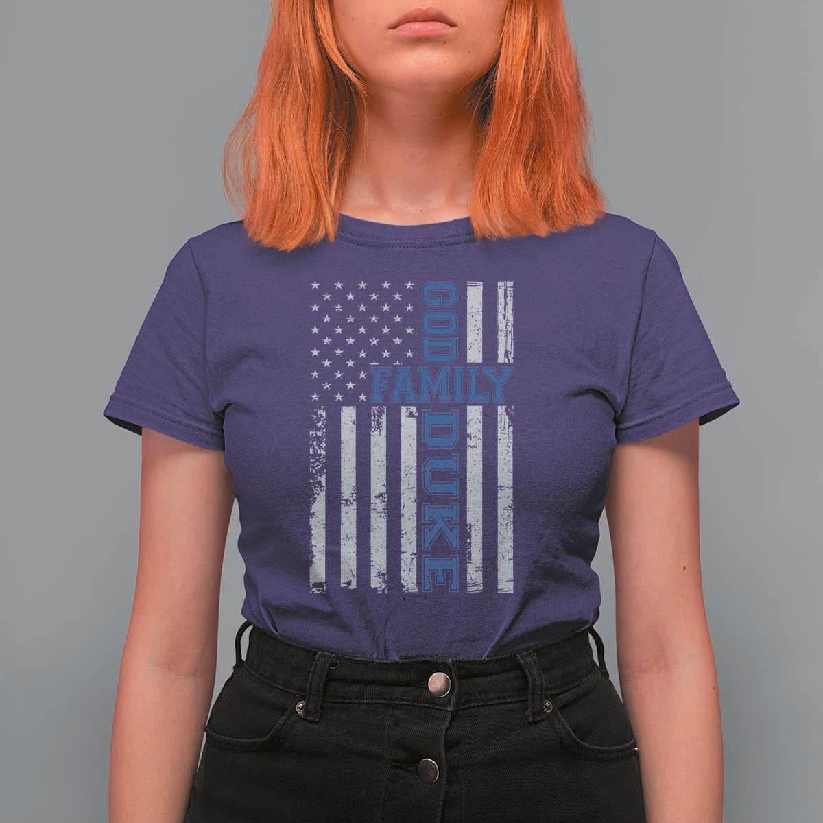 God Family Duke T Shirt For Women Blue Game Day Vintage American Flag
