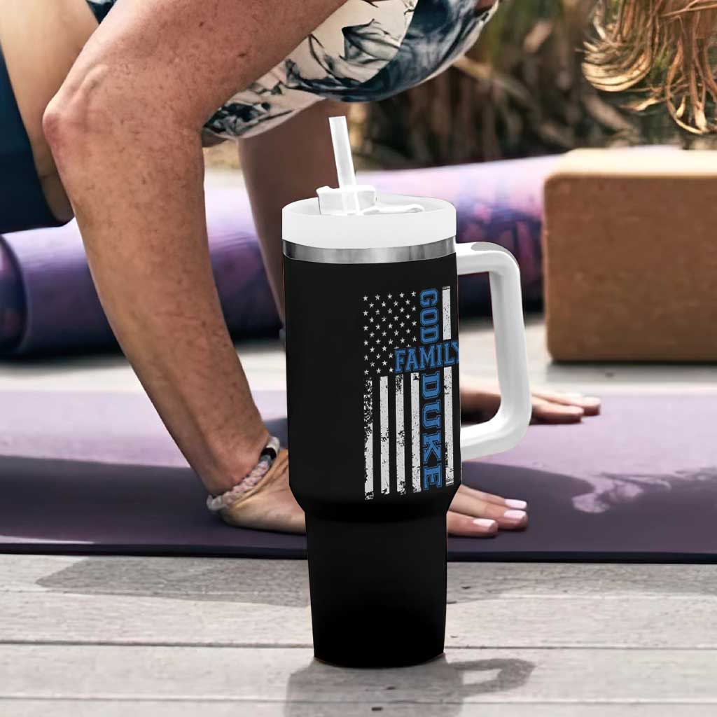 God Family Duke Tumbler With Handle Blue Game Day Vintage American Flag