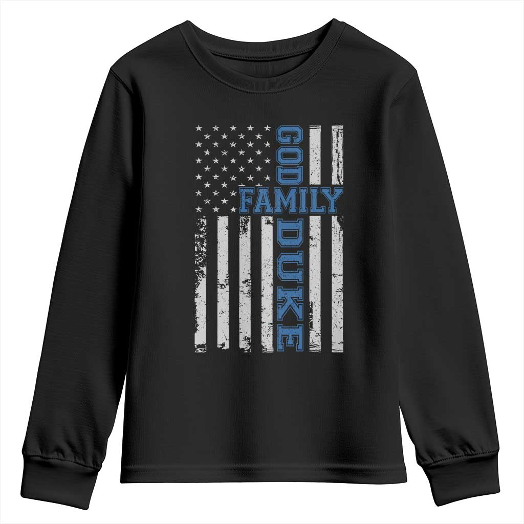 God Family Duke Youth Sweatshirt Blue Game Day Vintage American Flag
